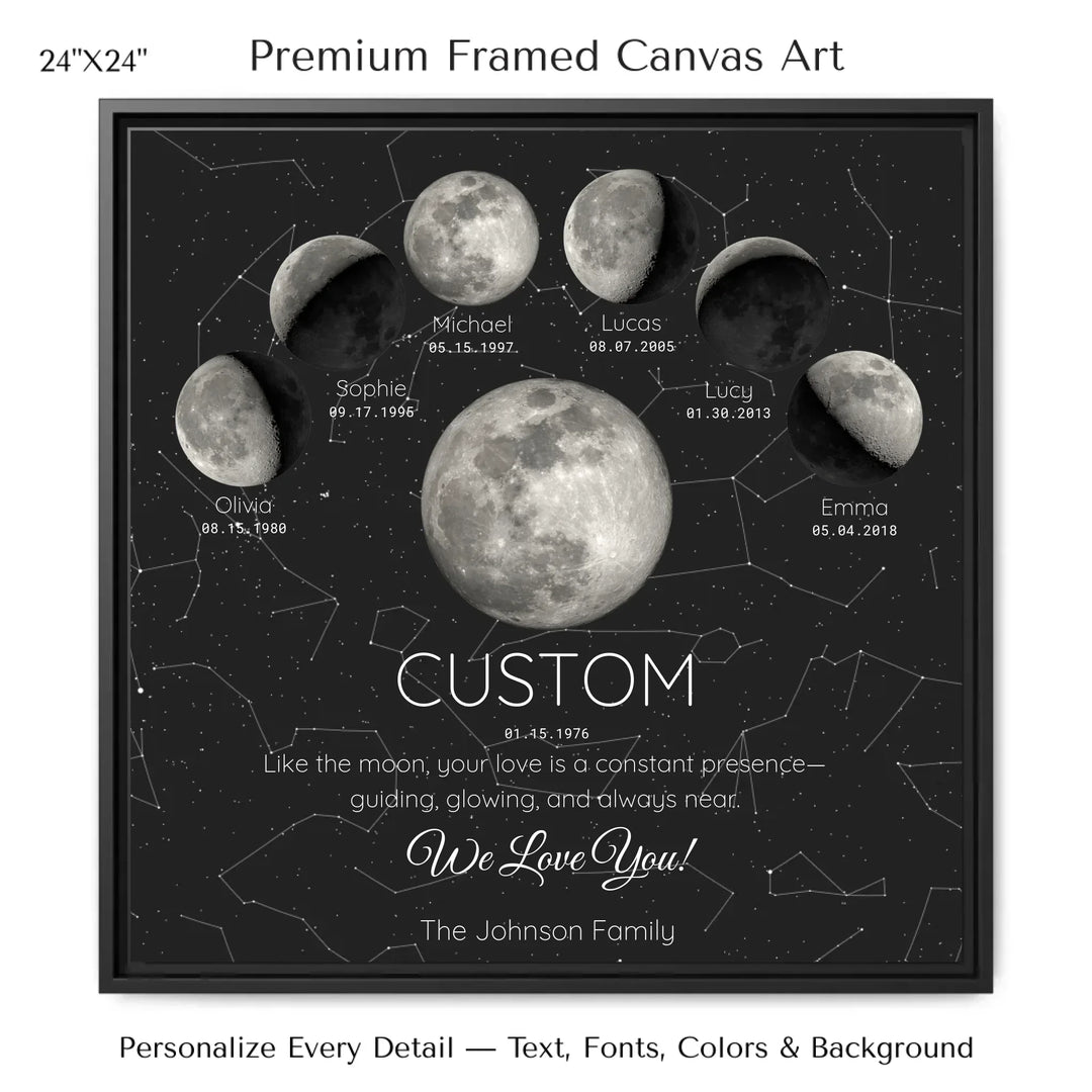 Custom Silver Moon Phase Parent Child Wall Art - 24x24 framed canvas-ARTFULANE