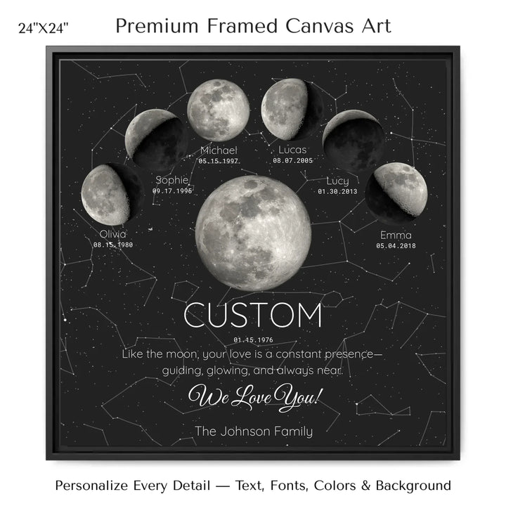 Custom Silver Moon Phase Parent Child Wall Art - 24x24 framed canvas-ARTFULANE