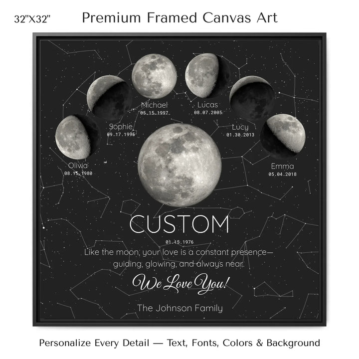 Custom Silver Moon Phase Parent Child Wall Art - 32x32 framed canvas-ARTFULANE
