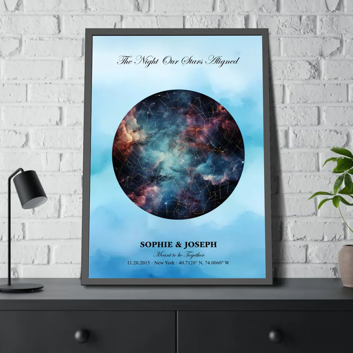 Personalized star map wall art with customizable night sky, background, names, date, location, and coordinates - framed poster on table-ARTFULANE