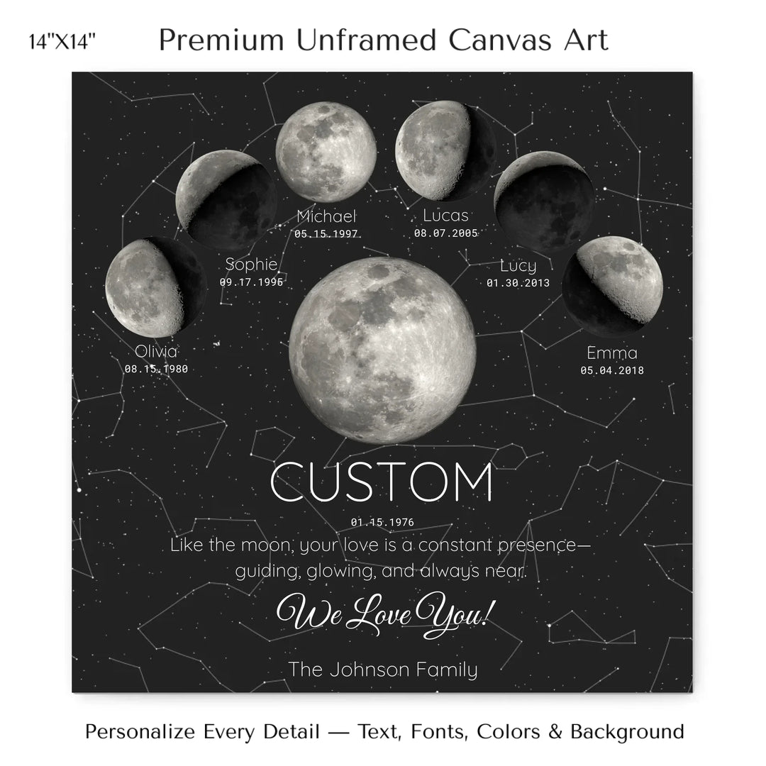 Custom Silver Moon Phase Parent Child Wall Art - 14x14 stretched canvas-ARTFULANE