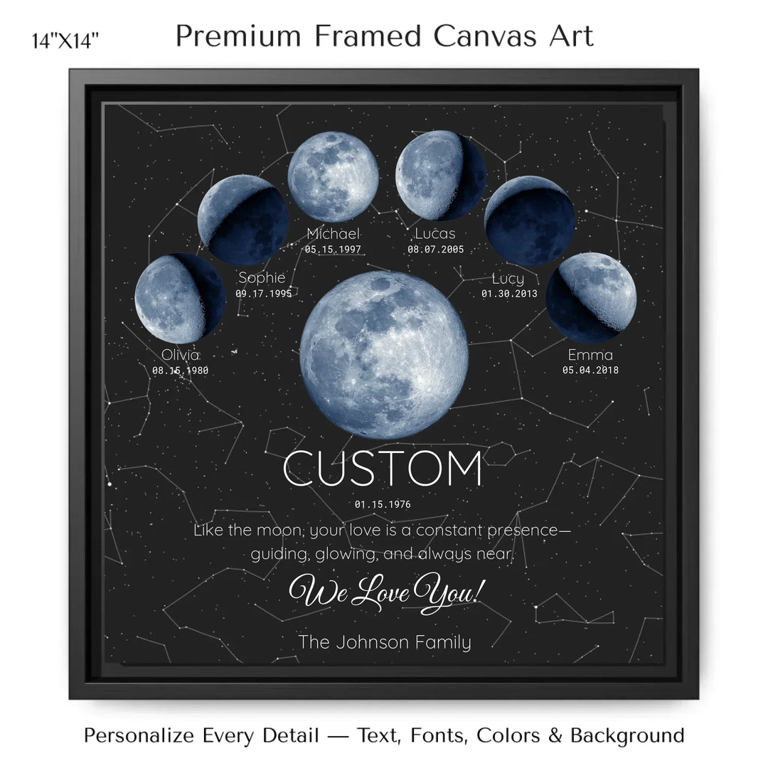 Custom Blue Moon Phase Parent Child Wall Art -14x14 framed canvas-ARTFULANE