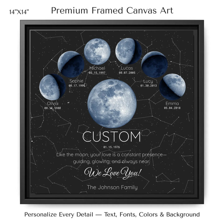 Custom Blue Moon Phase Parent Child Wall Art -14x14 framed canvas-ARTFULANE