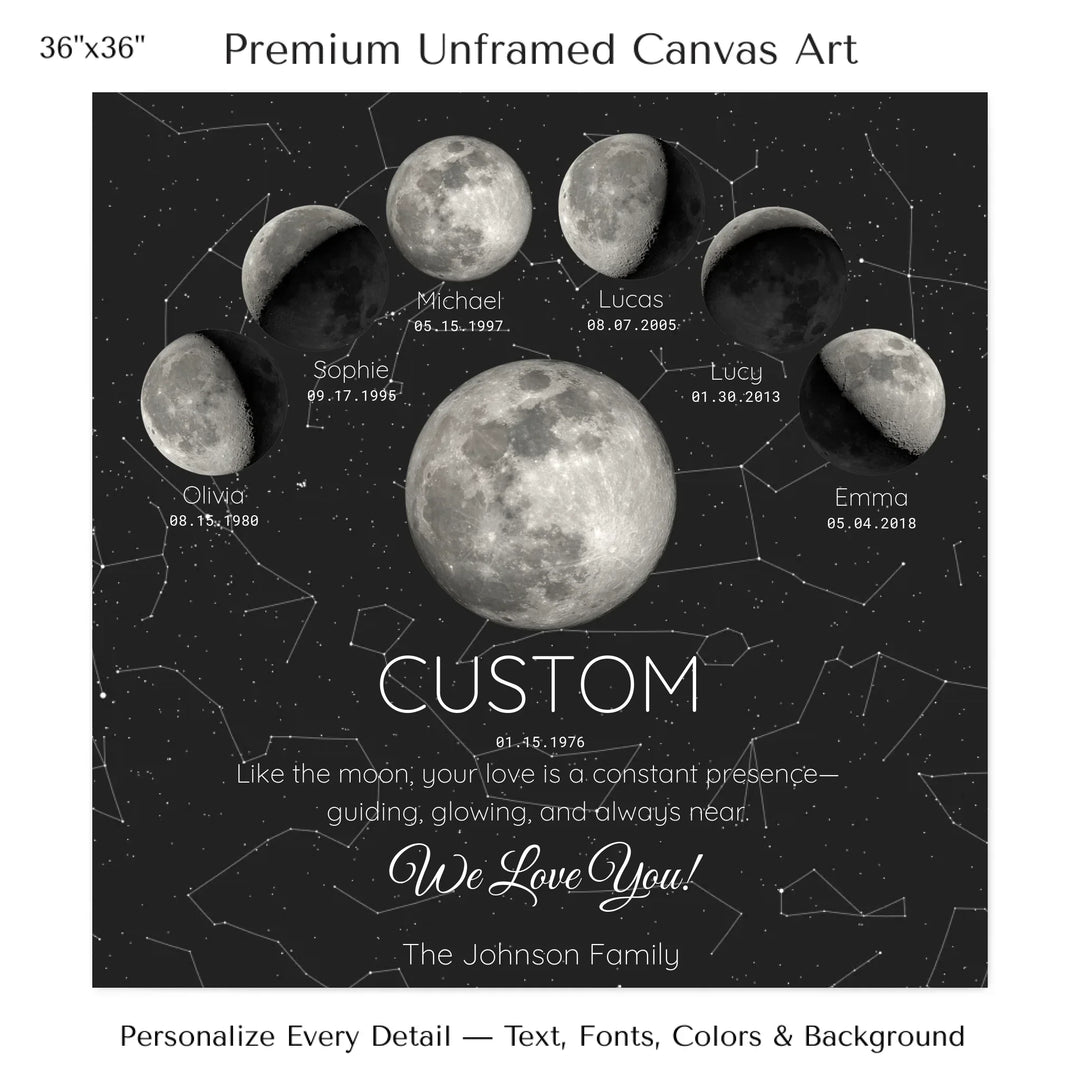Custom Silver Moon Phase Parent Child Wall Art - 36x36 stretched canvas-ARTFULANE
