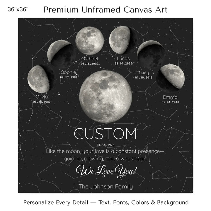 Custom Silver Moon Phase Parent Child Wall Art - 36x36 stretched canvas-ARTFULANE