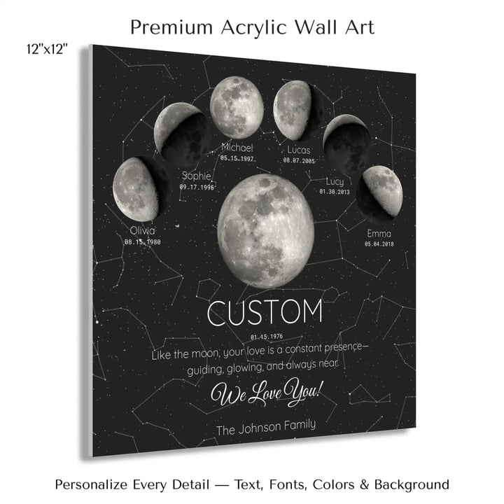 Custom Silver Moon Phase Parent Child Wall Art - 12x12 acrylic print with french cleat-ARTFULANE