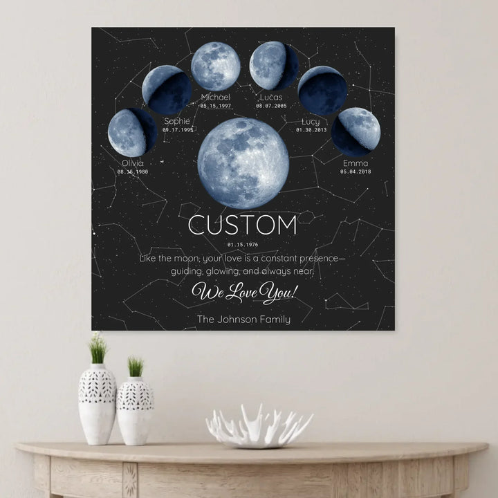 Custom Blue Moon Phase Parent Child Wall Art -unframed canvas on wall-ARTFULANE