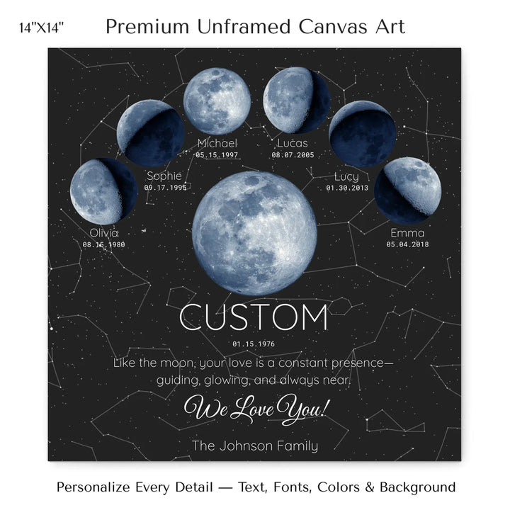 Custom Blue Moon Phase Parent Child Wall Art -14x14 stretched canvas-ARTFULANE