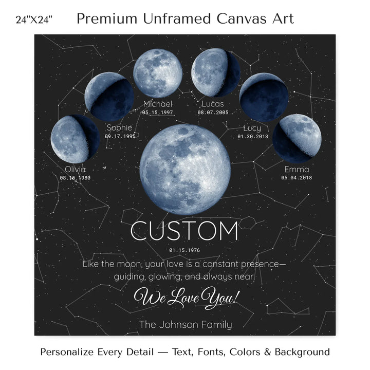 Custom Blue Moon Phase Parent Child Wall Art -24x24 stretched canvas-ARTFULANE