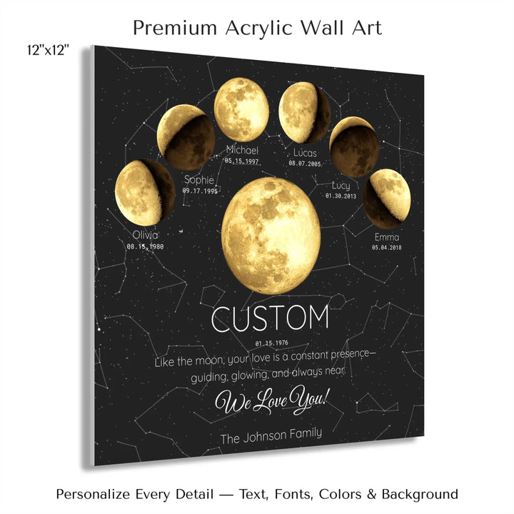 Custom Golden Moon Phase Parent Child Wall Art - 12x12 acrylic print with french cleat-ARTFULANE