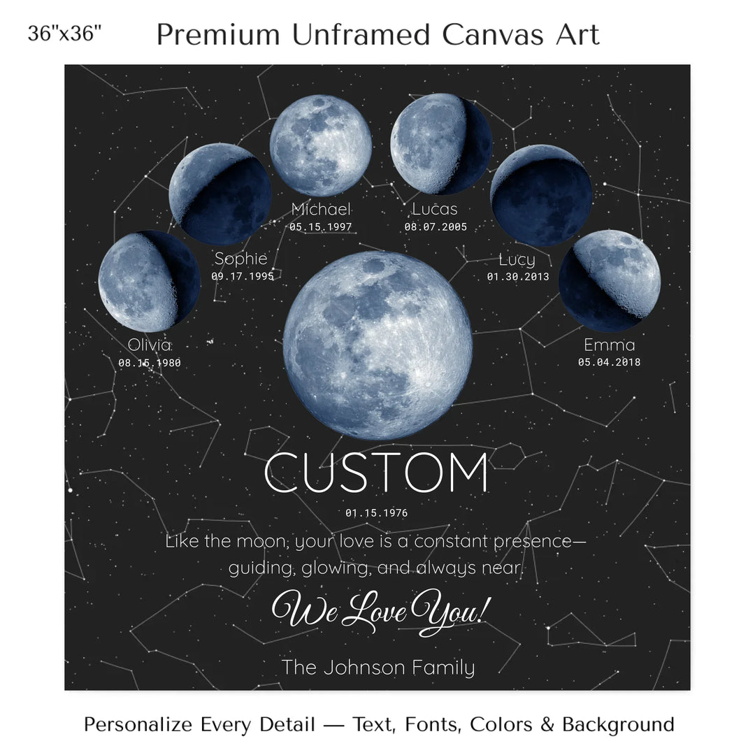 Custom Blue Moon Phase Parent Child Wall Art -36x36 stretched canvas-ARTFULANE
