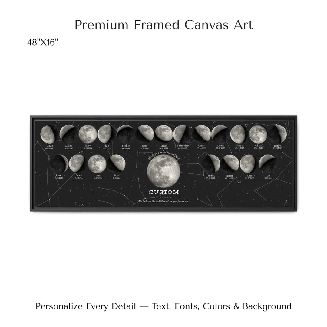 Custom Family Silver Moon Phase Wall Art - 48x16 framed canvas-ARTFULANE