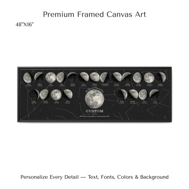 Custom Family Silver Moon Phase Wall Art - 48x16 framed canvas-ARTFULANE