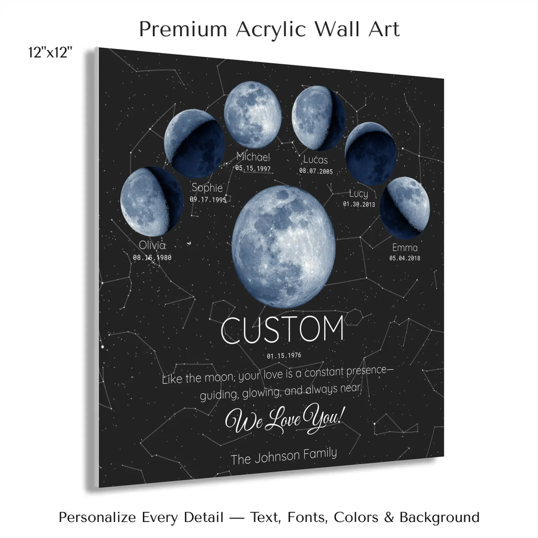 Custom Blue Moon Phase Parent Child Wall Art -12x12 acrylic print with french cleat-ARTFULANE