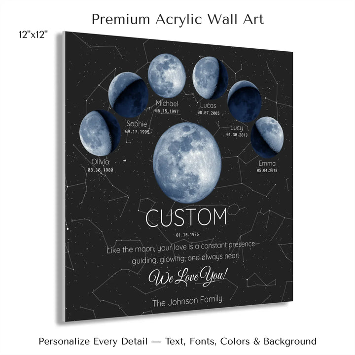 Custom Blue Moon Phase Parent Child Wall Art -12x12 acrylic print with french cleat-ARTFULANE