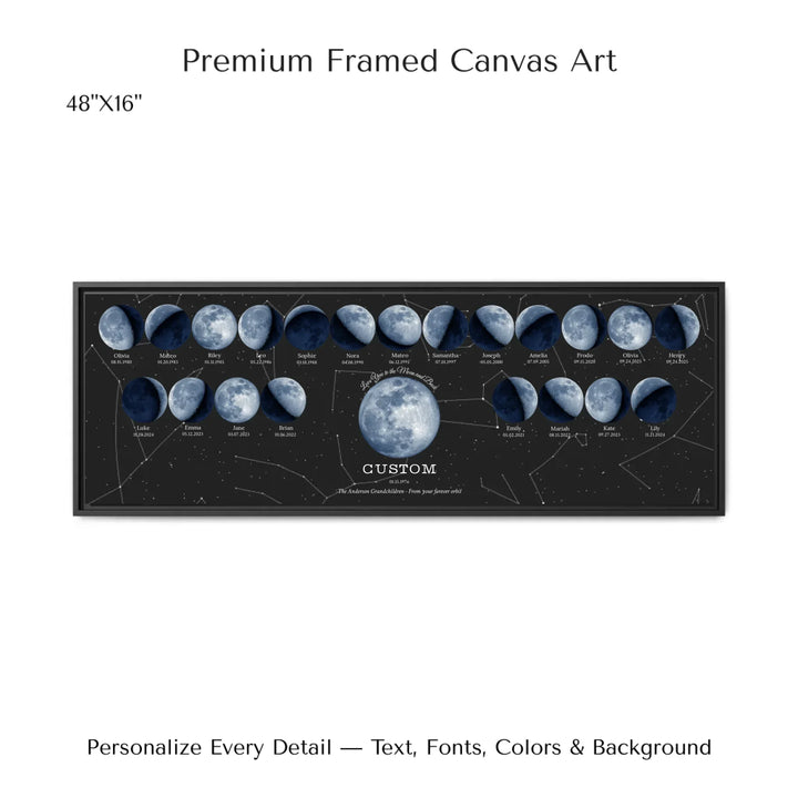 Custom Family Blue Moon Phase Wall Art -48x16 framed canvas-ARTFULANE