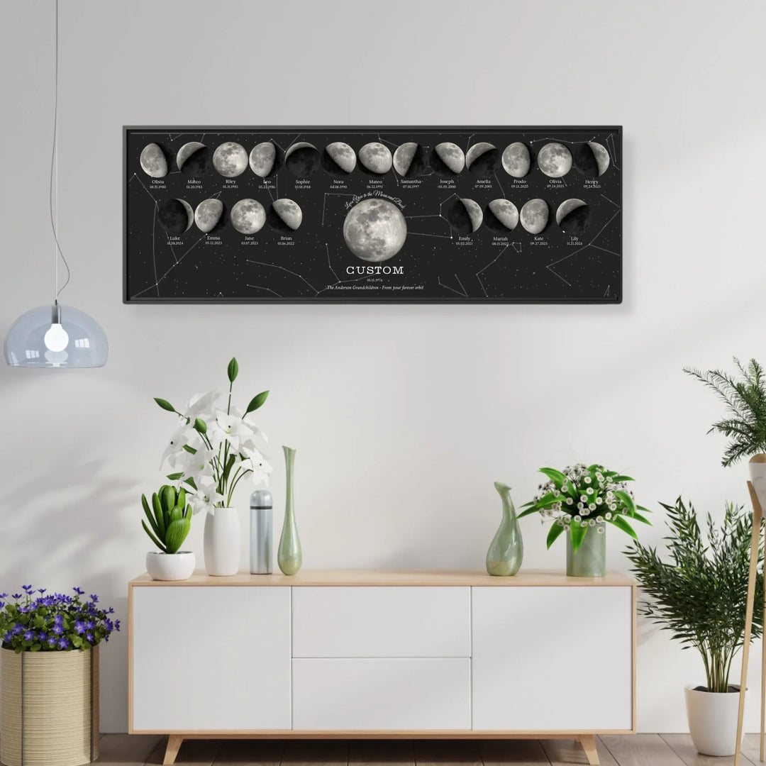 Custom Family Silver Moon Phase Wall Art - framed horizontal canvas in living room-ARTFULANE