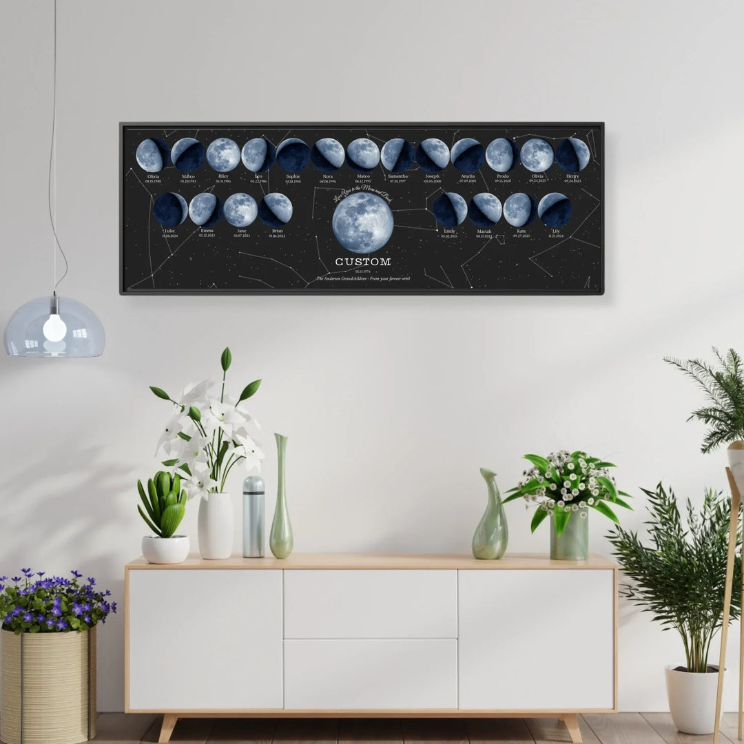 Custom Family Blue Moon Phase Wall Art -framed horizontal canvas in living room-ARTFULANE