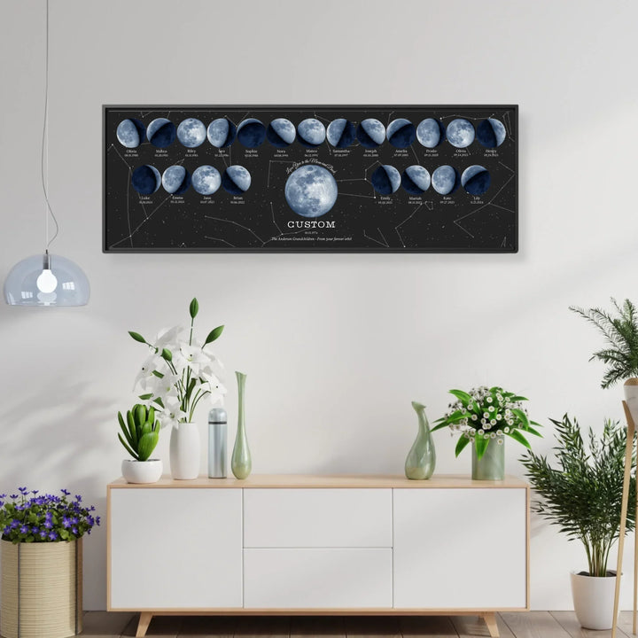 Custom Family Blue Moon Phase Wall Art -framed horizontal canvas in living room-ARTFULANE
