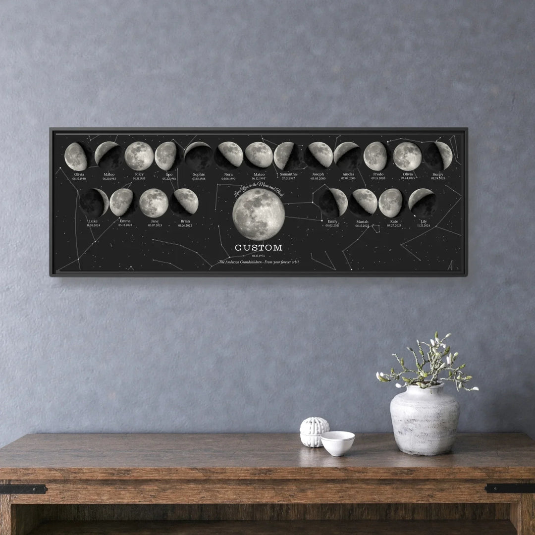 Custom Family Silver Moon Phase Wall Art - framed horizontal canvas on wall-ARTFULANE