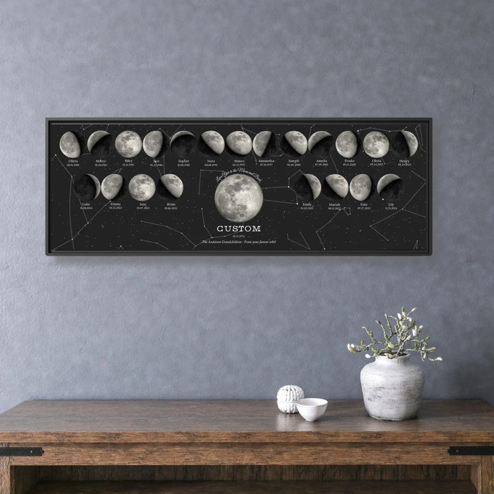 Custom Family Silver Moon Phase Wall Art - framed horizontal canvas on wall-ARTFULANE