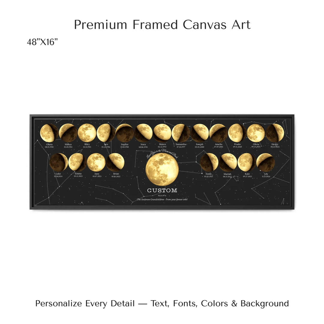 Custom Family Golden Moon Phase Wall Art - 48x16 framed canvas-ARTFULANE