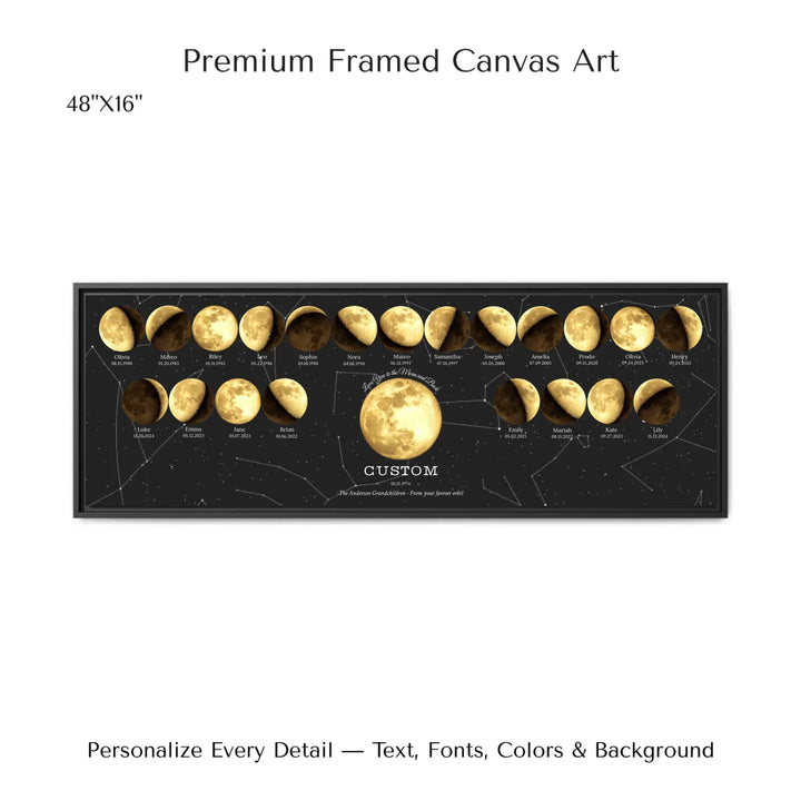 Custom Family Golden Moon Phase Wall Art - 48x16 framed canvas-ARTFULANE