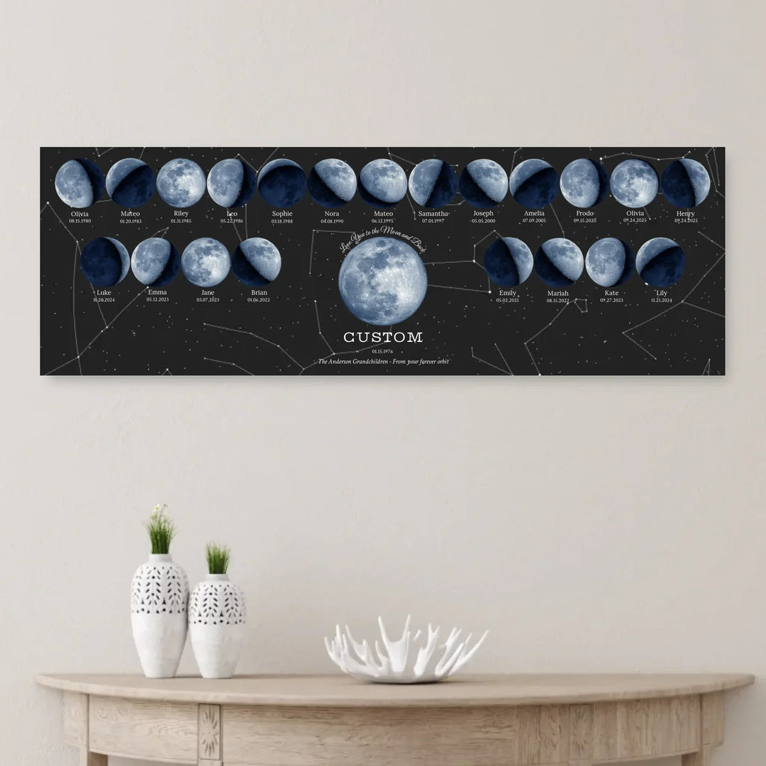 Custom Family Blue Moon Phase Wall Art - unframed canvas on wall-ARTFULANE