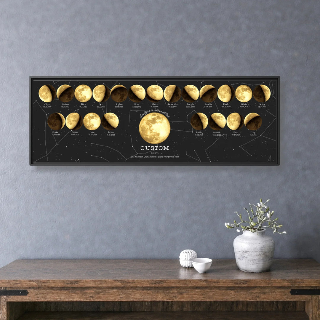 Custom Family Golden Moon Phase Wall Art - framed horizontal canvas on wall-ARTFULANE