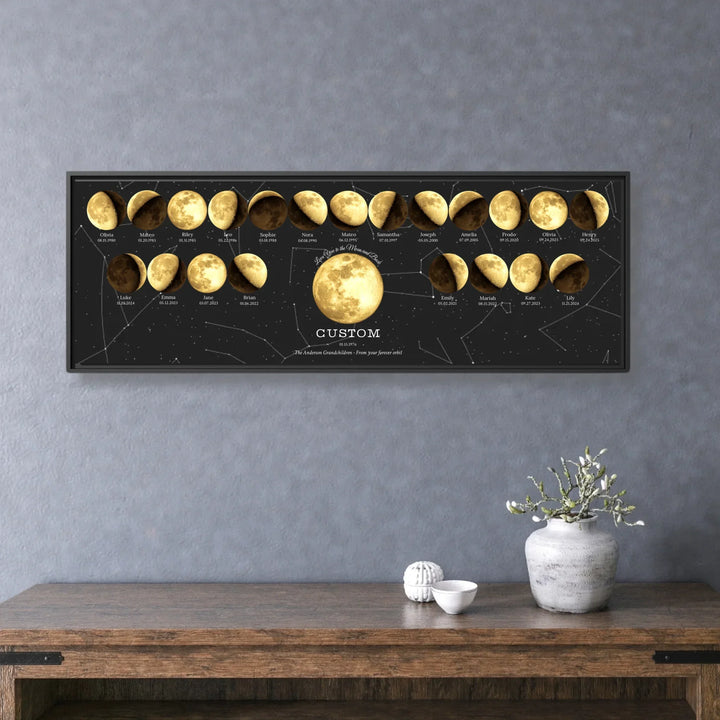 Custom Family Golden Moon Phase Wall Art - framed horizontal canvas on wall-ARTFULANE