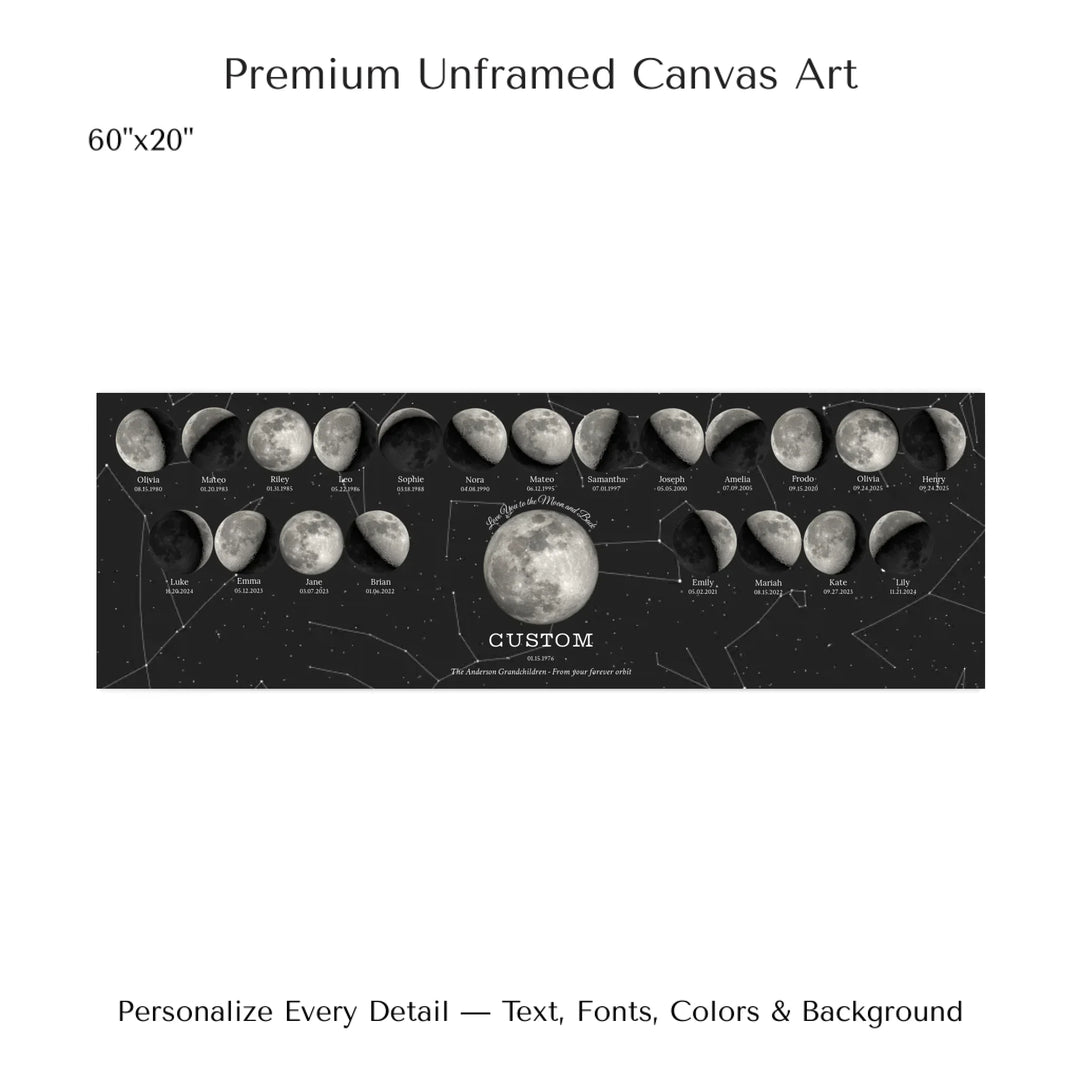 Custom Family Silver Moon Phase Wall Art - 60x20 stretched canvas-ARTFULANE