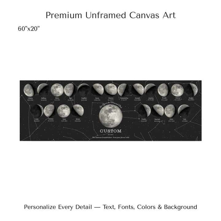 Custom Family Silver Moon Phase Wall Art - 60x20 stretched canvas-ARTFULANE