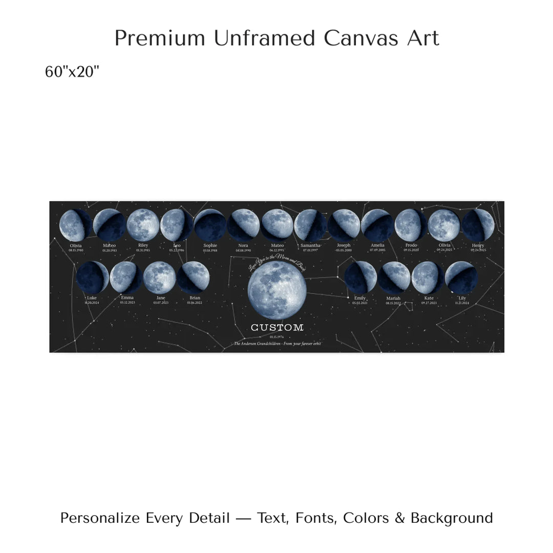 Custom Family Blue Moon Phase Wall Art -60x20 stretched canvas-ARTFULANE