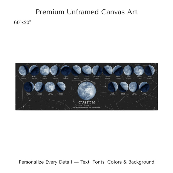 Custom Family Blue Moon Phase Wall Art -60x20 stretched canvas-ARTFULANE