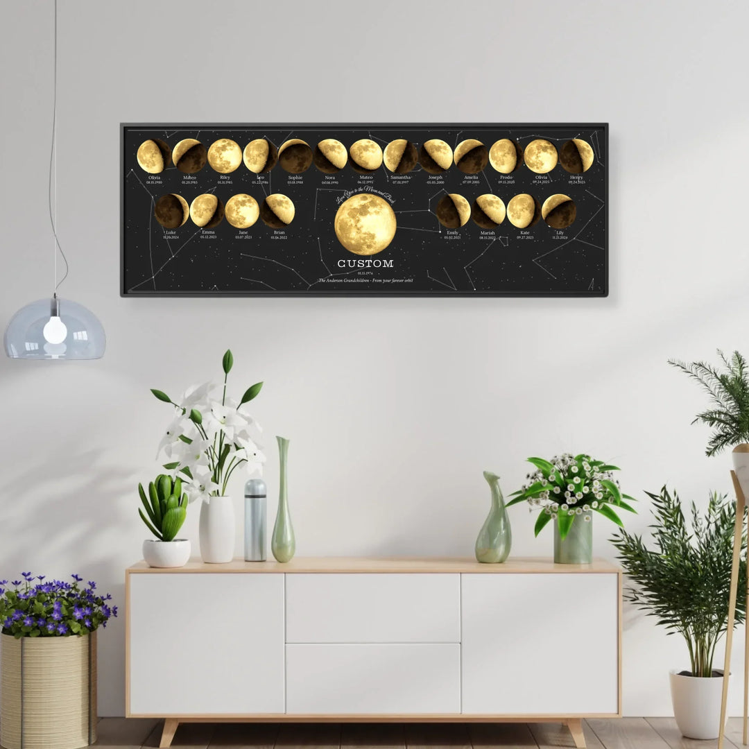 Custom Family Golden Moon Phase Wall Art - framed horizontal canvas in living room-ARTFULANE