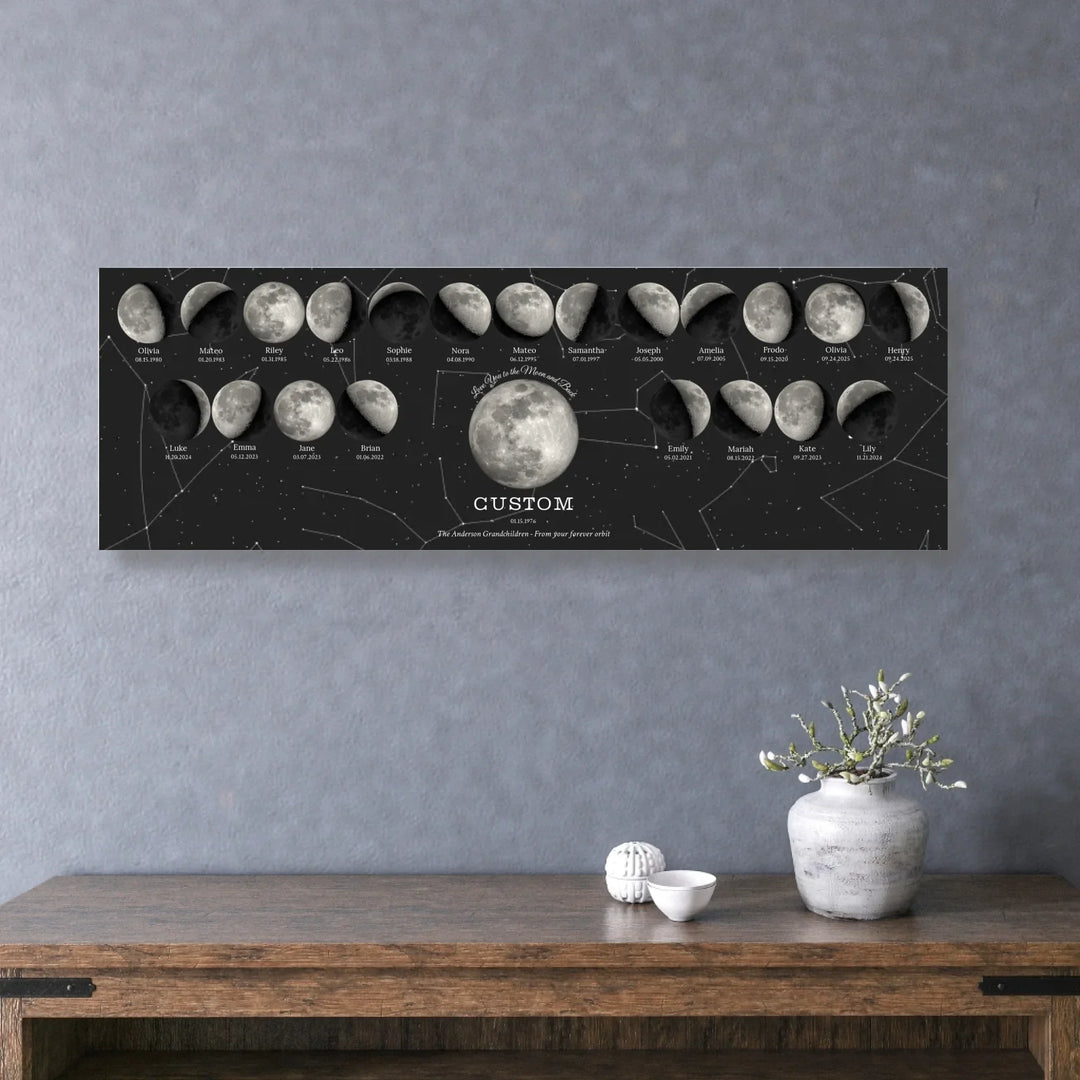 Custom Family Silver Moon Phase Wall Art - unframed stretched horizontal canvas on wall-ARTFULANE