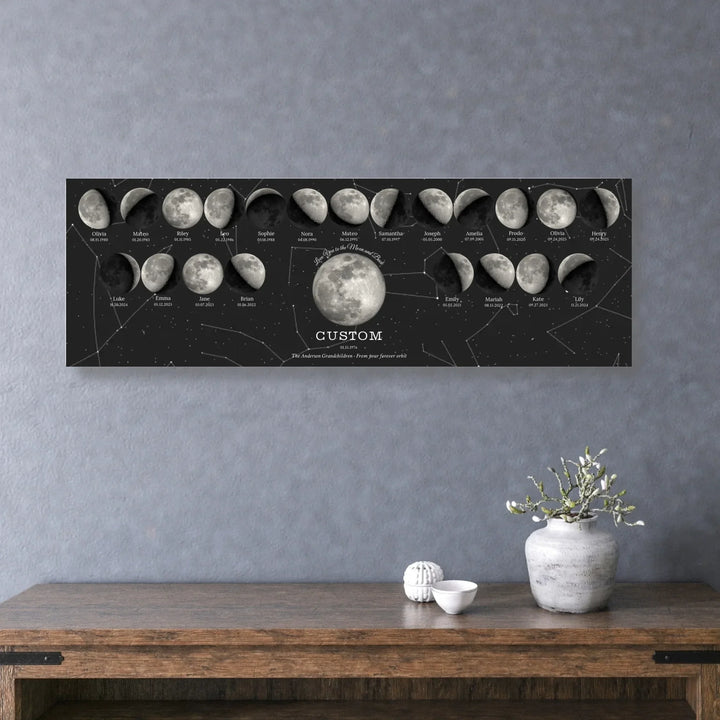 Custom Family Silver Moon Phase Wall Art - unframed stretched horizontal canvas on wall-ARTFULANE