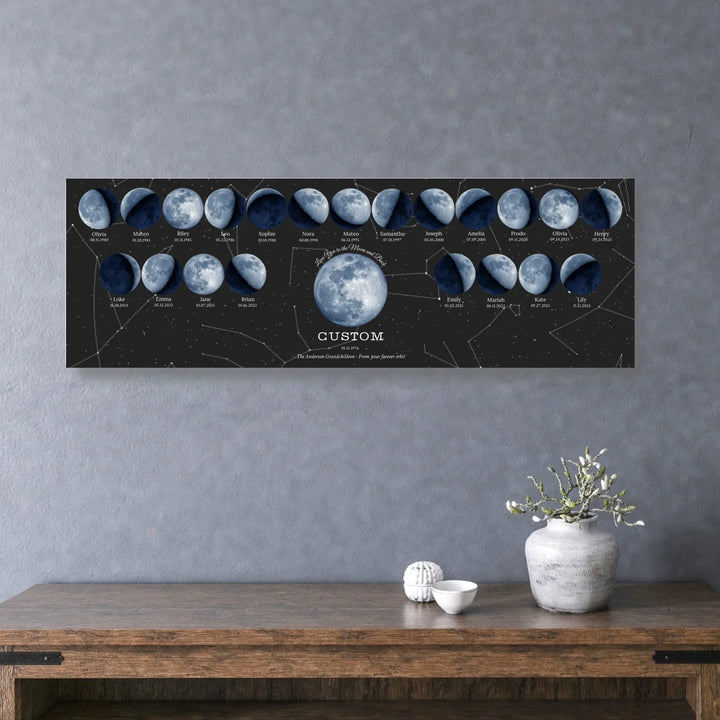 Custom Family Blue Moon Phase Wall Art -unframed stretched horizontal canvas on wall-ARTFULANE