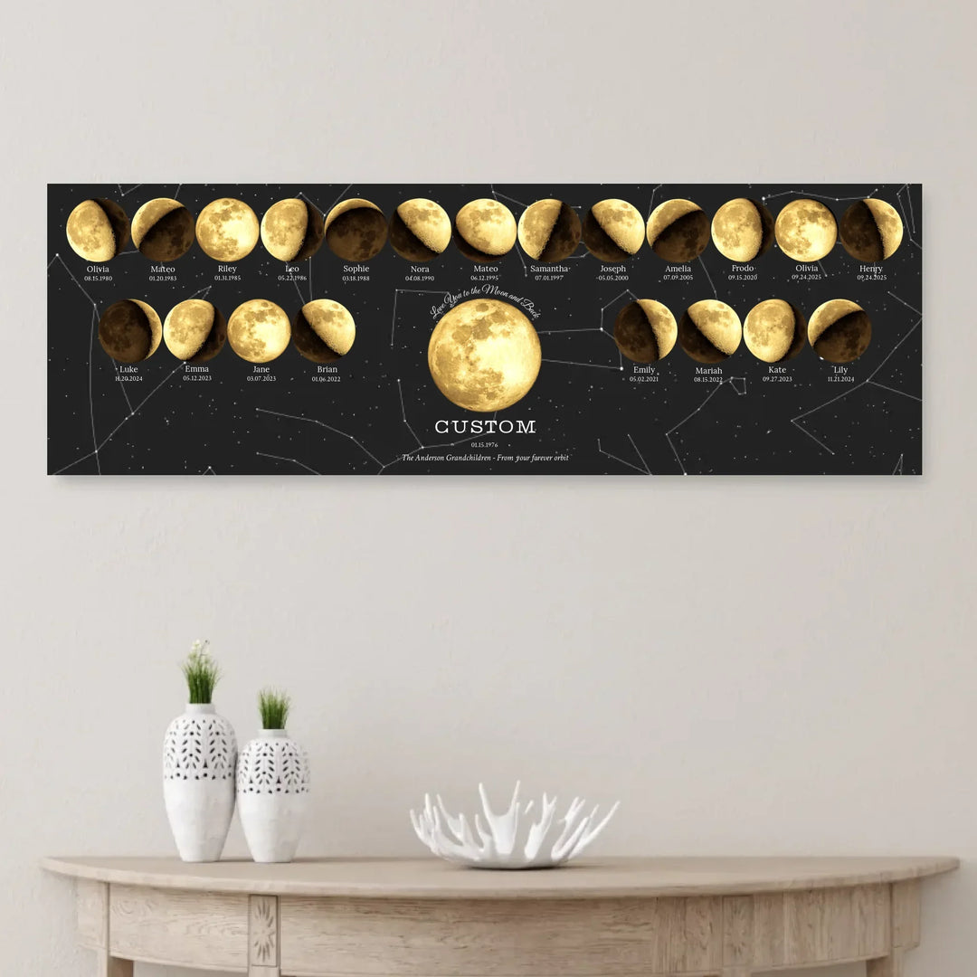 Custom Family Golden Moon Phase Wall Art - unframed canvas on wall-ARTFULANE