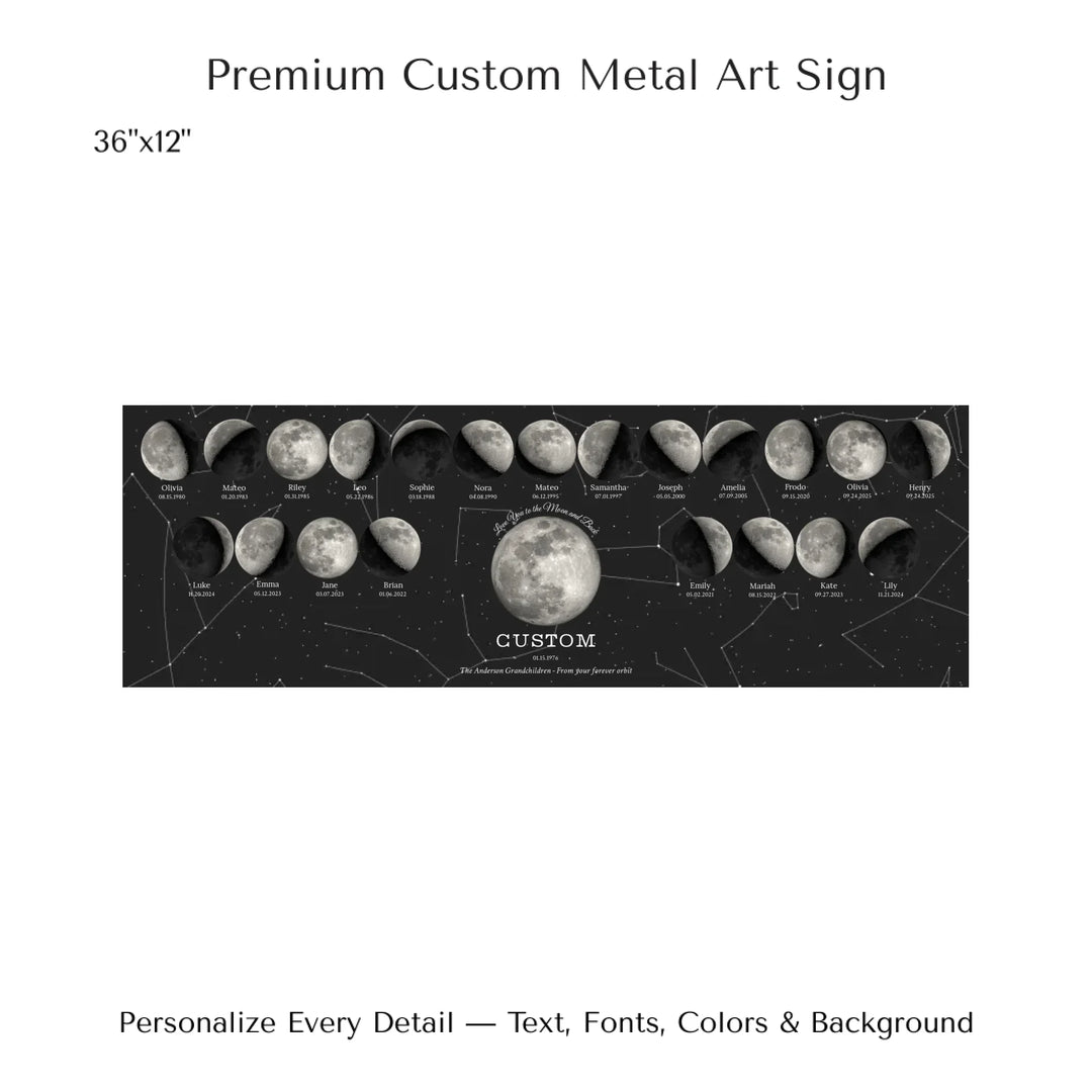 Custom Family Silver Moon Phase Wall Art - 36x12 metal art sign-ARTFULANE