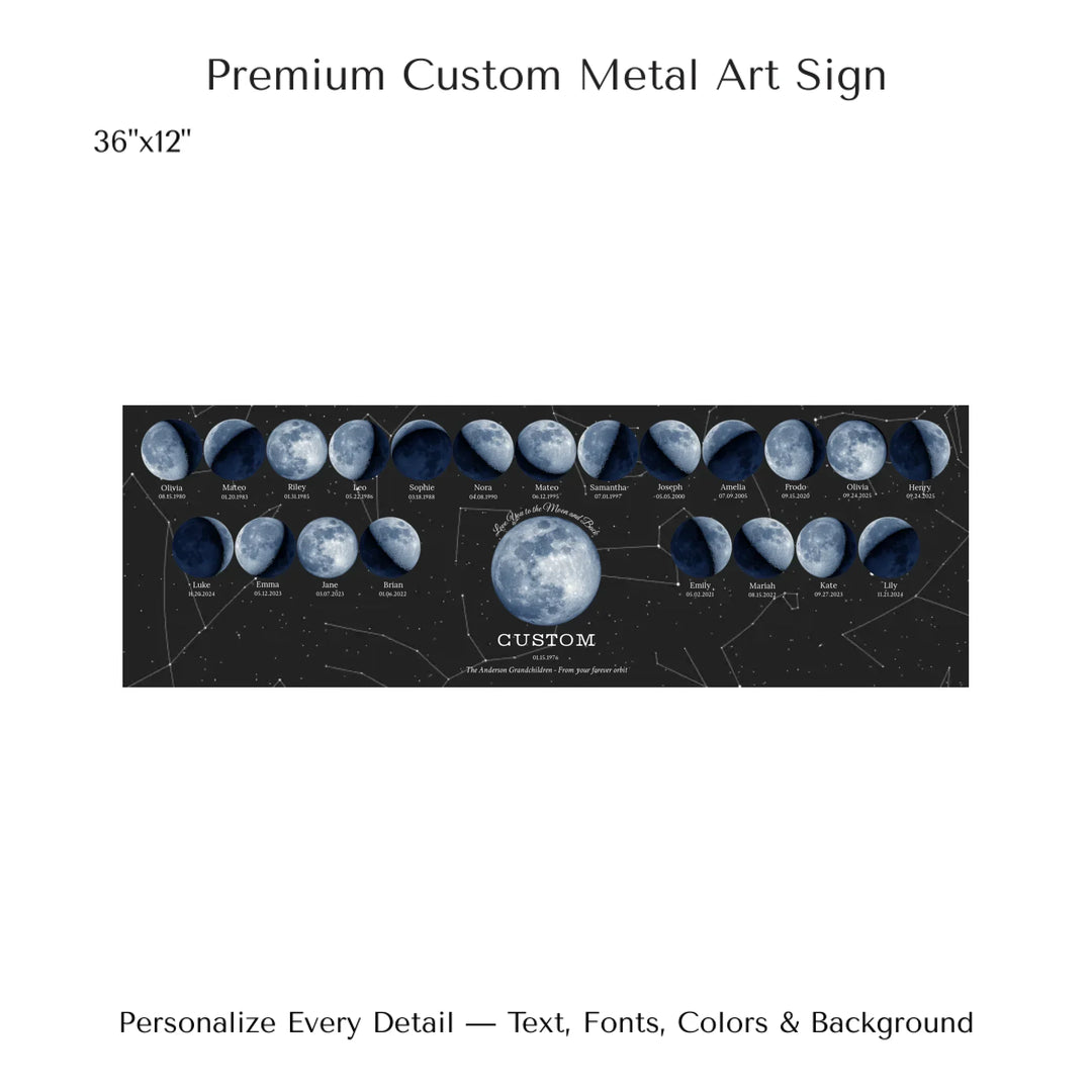 Custom Family Blue Moon Phase Wall Art -36x12 metal art sign-ARTFULANE