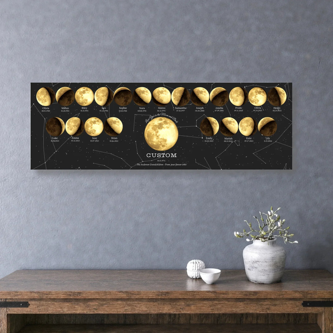Custom Family Golden Moon Phase Wall Art - unframed stretched horizontal canvas on wall-ARTFULANE