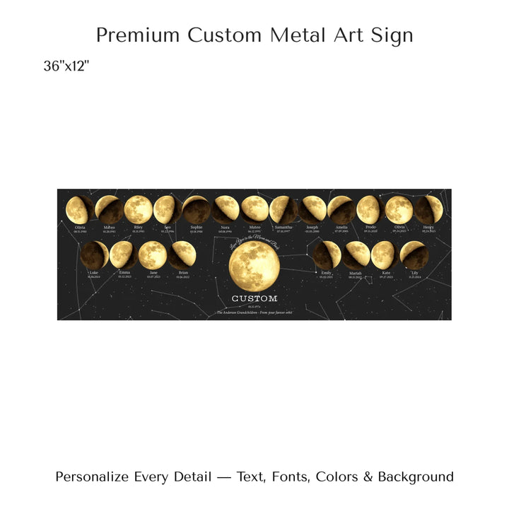 Custom Family Golden Moon Phase Wall Art - 36x12 metal art sign-ARTFULANE