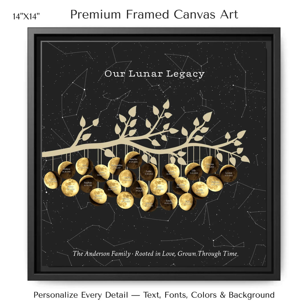 Custom Golden Moon Phase Family Tree Branch Wall Art -14x14 framed canvas-ARTFULANE