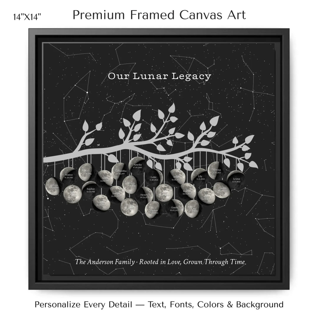 Custom Silver Moon Phase Family Tree Branch Wall Art -14x14 framed canvas-ARTFULANE