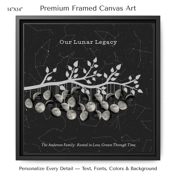 Custom Silver Moon Phase Family Tree Branch Wall Art -14x14 framed canvas-ARTFULANE