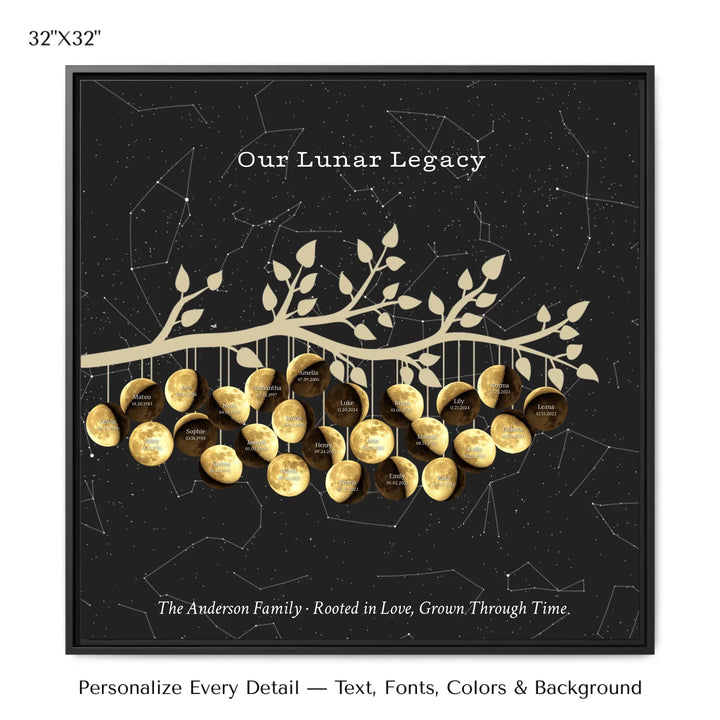 Custom Golden Moon Phase Family Tree Branch Wall Art -32x32 framed canvas-ARTFULANE