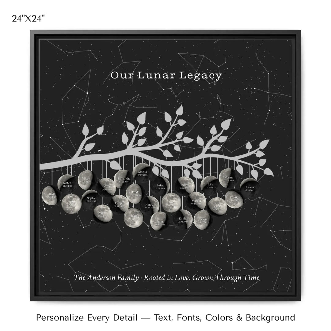 Custom Silver Moon Phase Family Tree Branch Wall Art -24x24 framed canvas-ARTFULANE