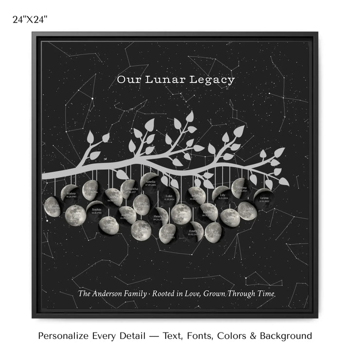 Custom Silver Moon Phase Family Tree Branch Wall Art -24x24 framed canvas-ARTFULANE