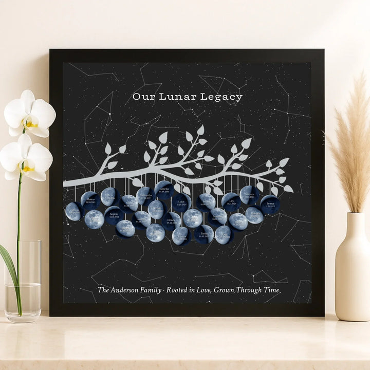 Custom Blue Moon Phase Family Tree Branch Wall Art - framed canvas on shelf-ARTFULANE